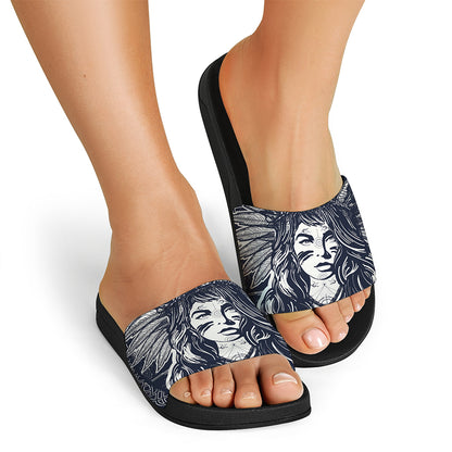 Tribal Native Indian Girl Print Black Slide Sandals