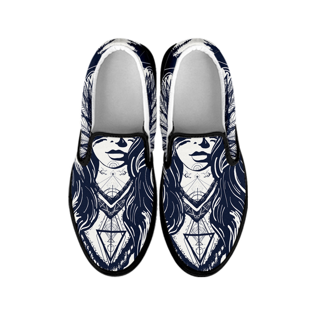 Tribal Native Indian Girl Print Black Slip On Shoes