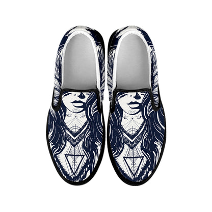 Tribal Native Indian Girl Print Black Slip On Shoes