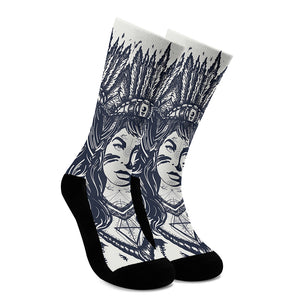 Tribal Native Indian Girl Print Crew Socks