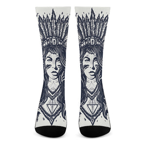 Tribal Native Indian Girl Print Crew Socks