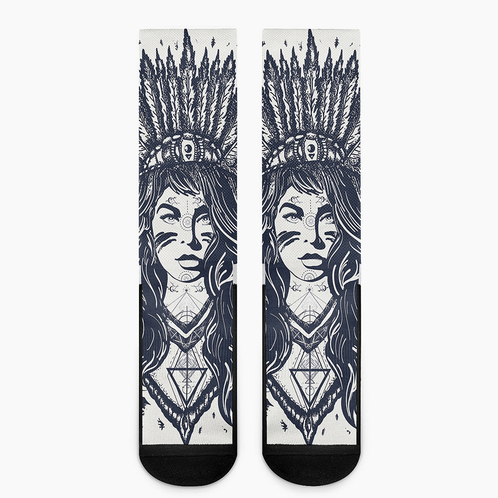 Tribal Native Indian Girl Print Crew Socks