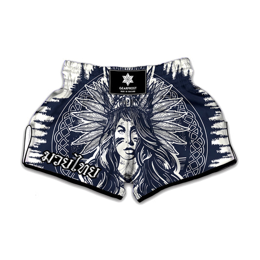 Tribal Native Indian Girl Print Muay Thai Boxing Shorts