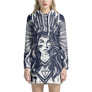 Tribal Native Indian Girl Print Pullover Hoodie Dress