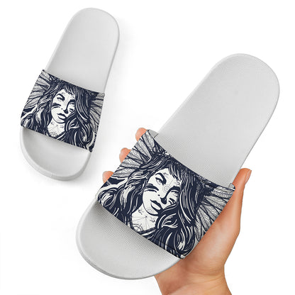 Tribal Native Indian Girl Print White Slide Sandals