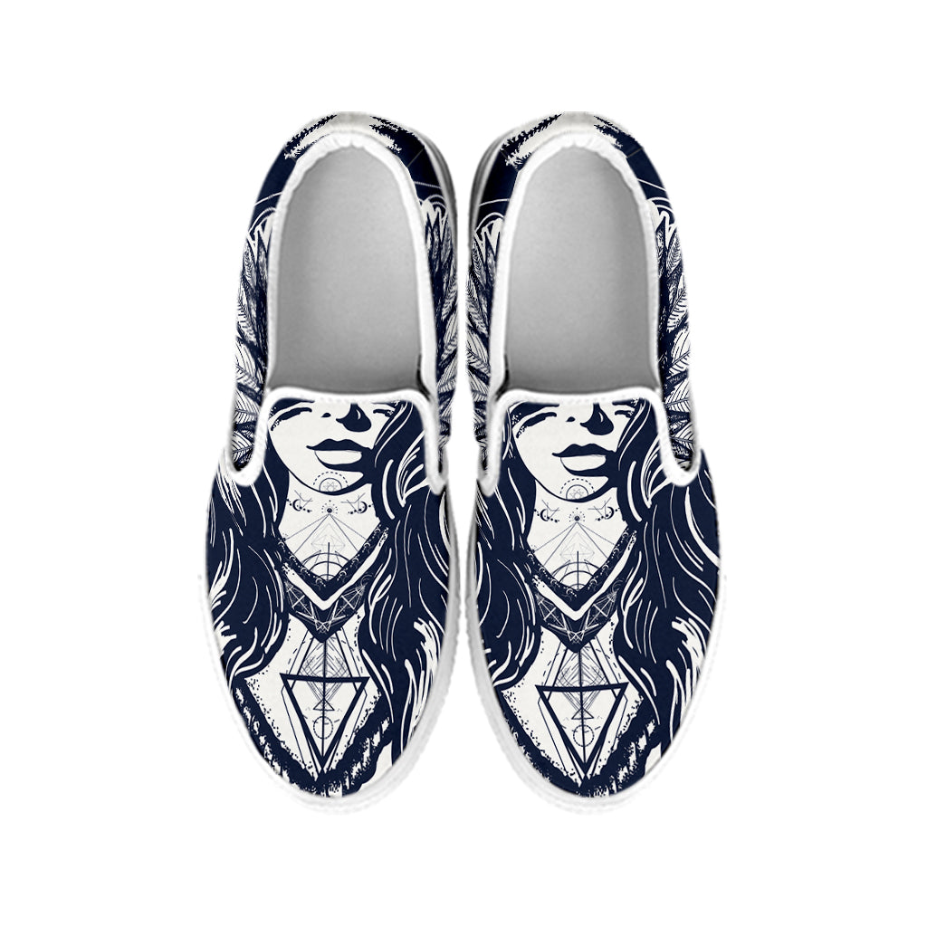 Tribal Native Indian Girl Print White Slip On Shoes