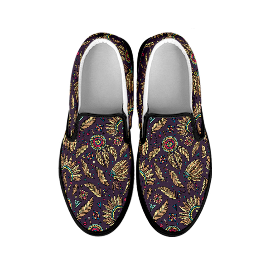 Tribal Native Indian Pattern Print Black Slip On Shoes
