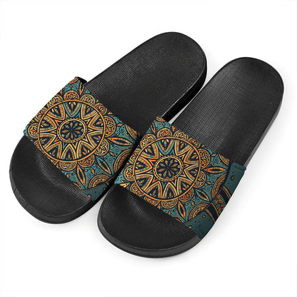 Tribal Sea Turtle Print Black Slide Sandals