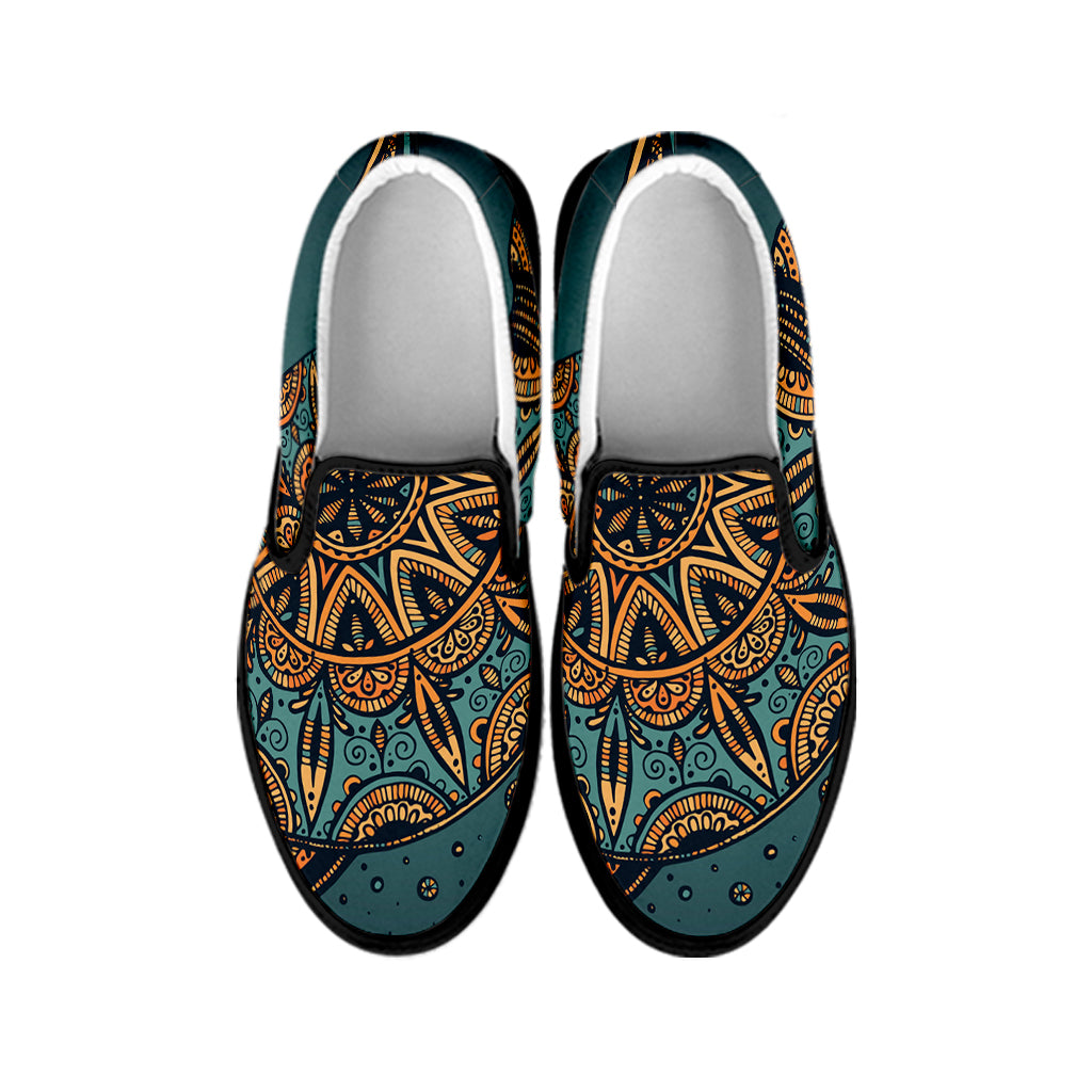 Tribal Sea Turtle Print Black Slip On Shoes