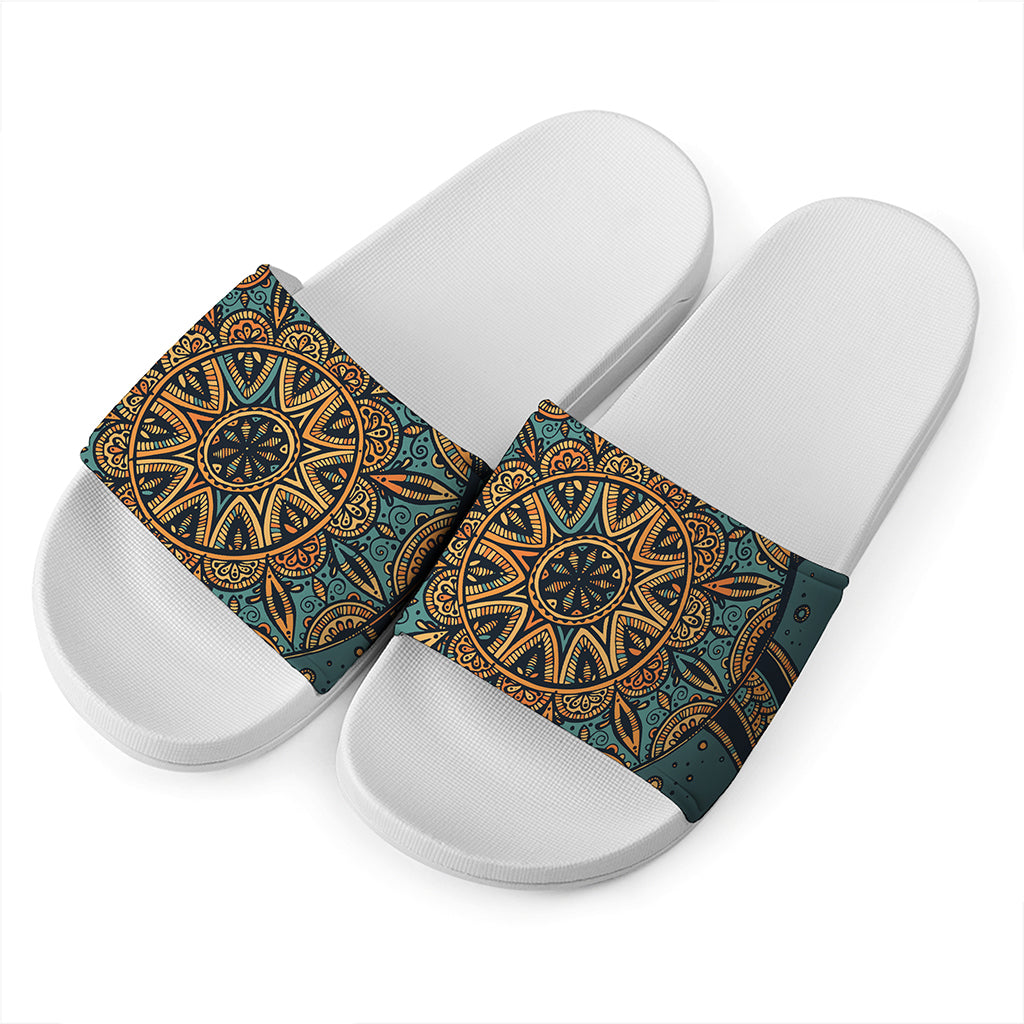 Tribal Sea Turtle Print White Slide Sandals