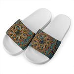Tribal Sea Turtle Print White Slide Sandals