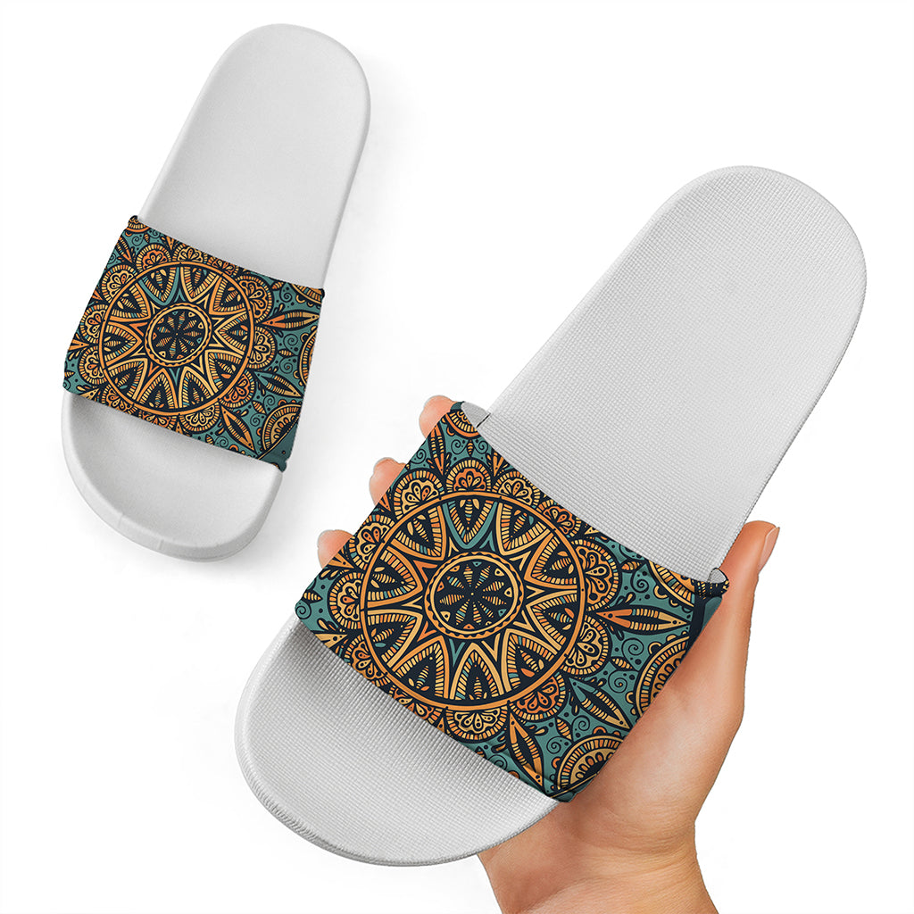 Tribal Sea Turtle Print White Slide Sandals