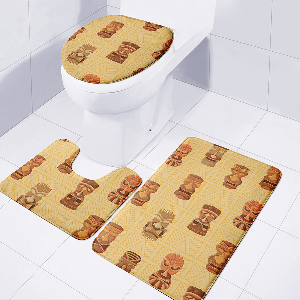 Tribal Tiki Mask Pattern Print 3 Piece Bath Mat Set