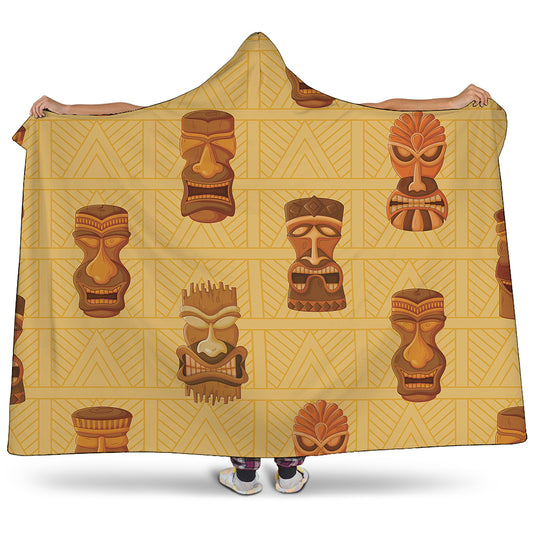 Tribal Tiki Mask Pattern Print Hooded Blanket