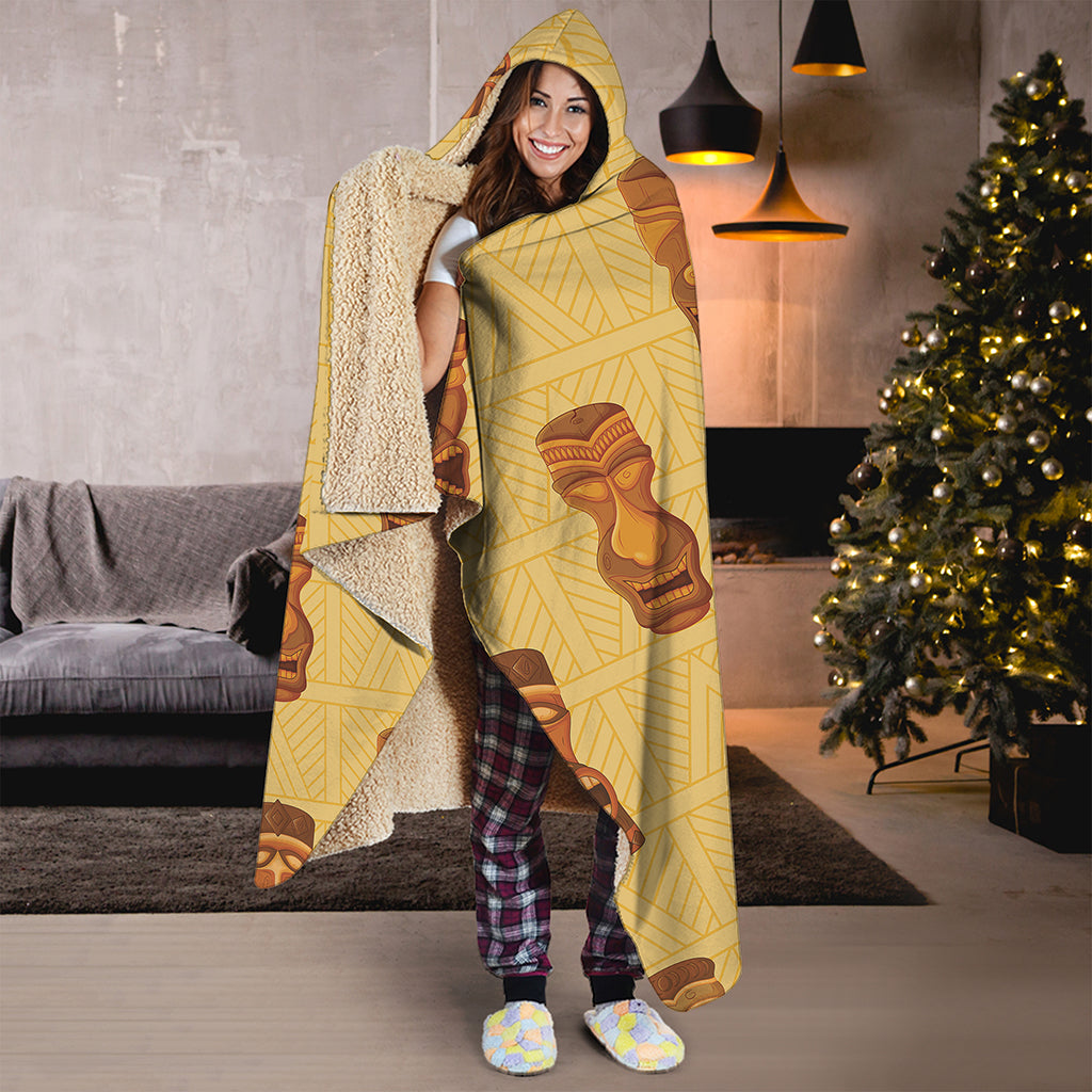 Tribal Tiki Mask Pattern Print Hooded Blanket