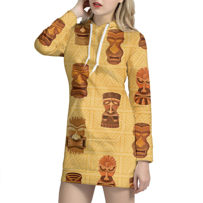 Tribal Tiki Mask Pattern Print Hoodie Dress