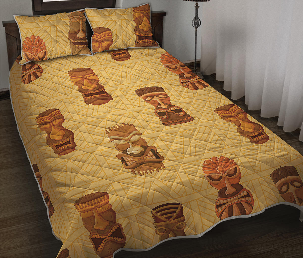 Tribal Tiki Mask Pattern Print Quilt Bed Set