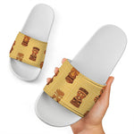 Tribal Tiki Mask Pattern Print White Slide Sandals