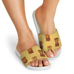 Tribal Tiki Mask Pattern Print White Slide Sandals