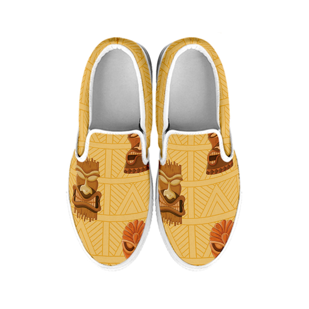 Tribal Tiki Mask Pattern Print White Slip On Shoes