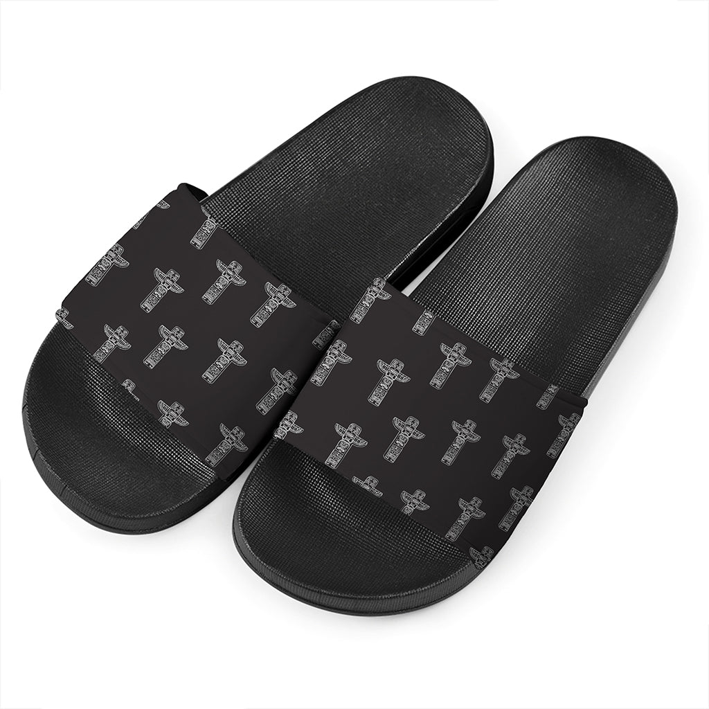 Tribal Totem Pattern Print Black Slide Sandals