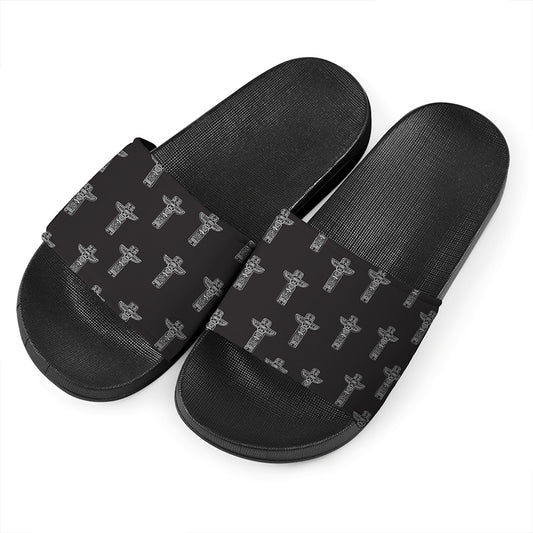 Tribal Totem Pattern Print Black Slide Sandals