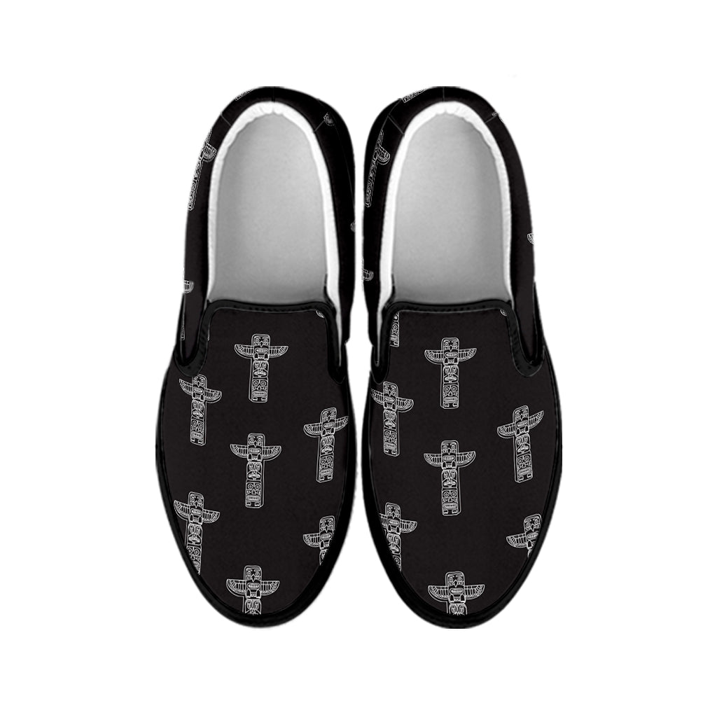 Tribal Totem Pattern Print Black Slip On Shoes