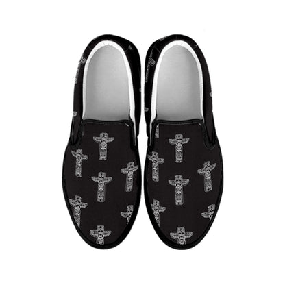 Tribal Totem Pattern Print Black Slip On Shoes