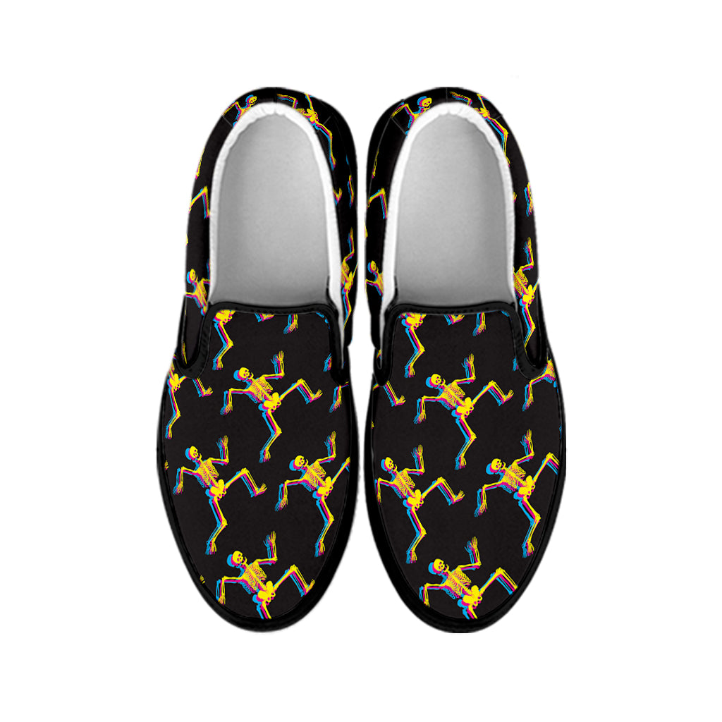 Trippy Dancing Skeleton Pattern Print Black Slip On Shoes