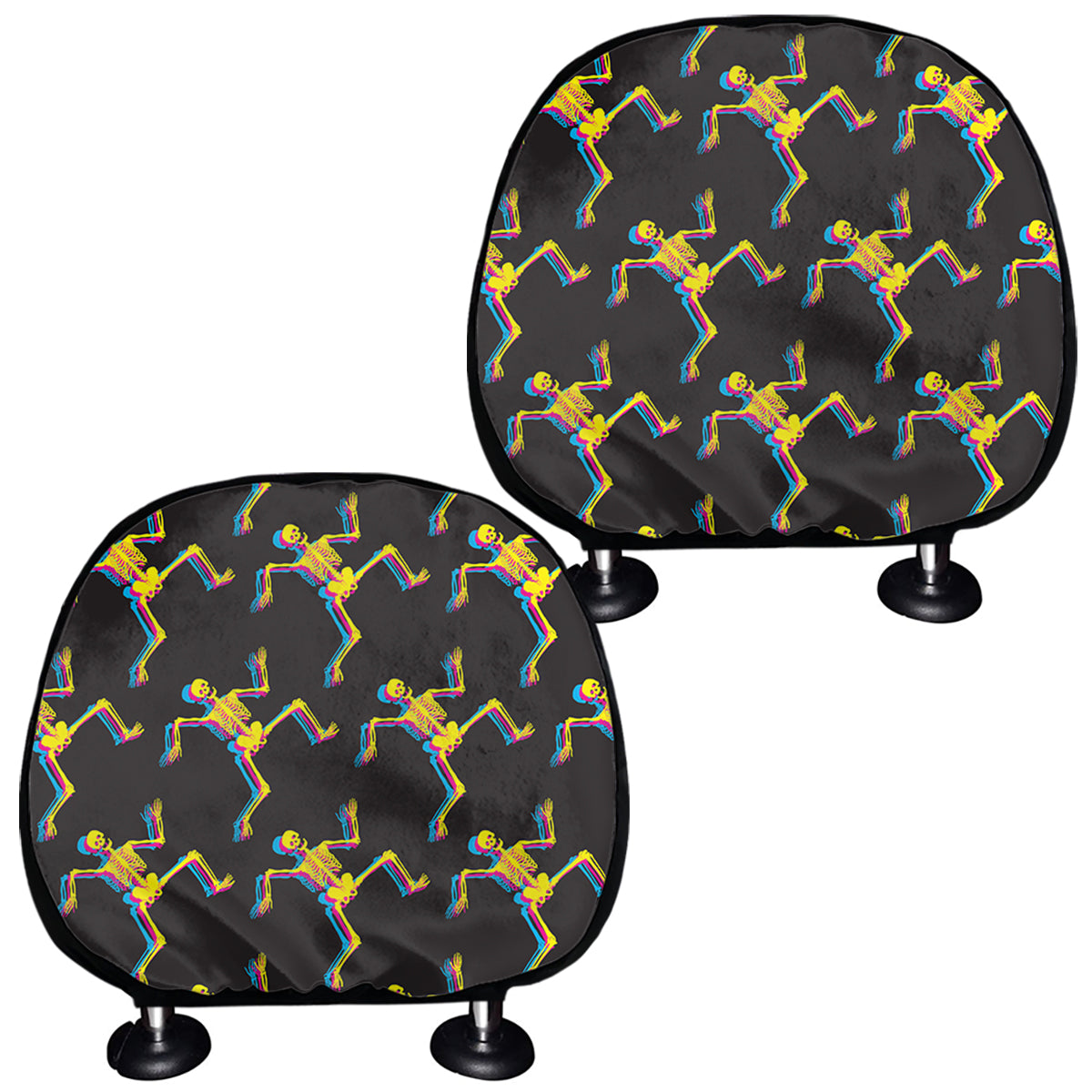 Trippy Dancing Skeleton Pattern Print Car Headrest Covers