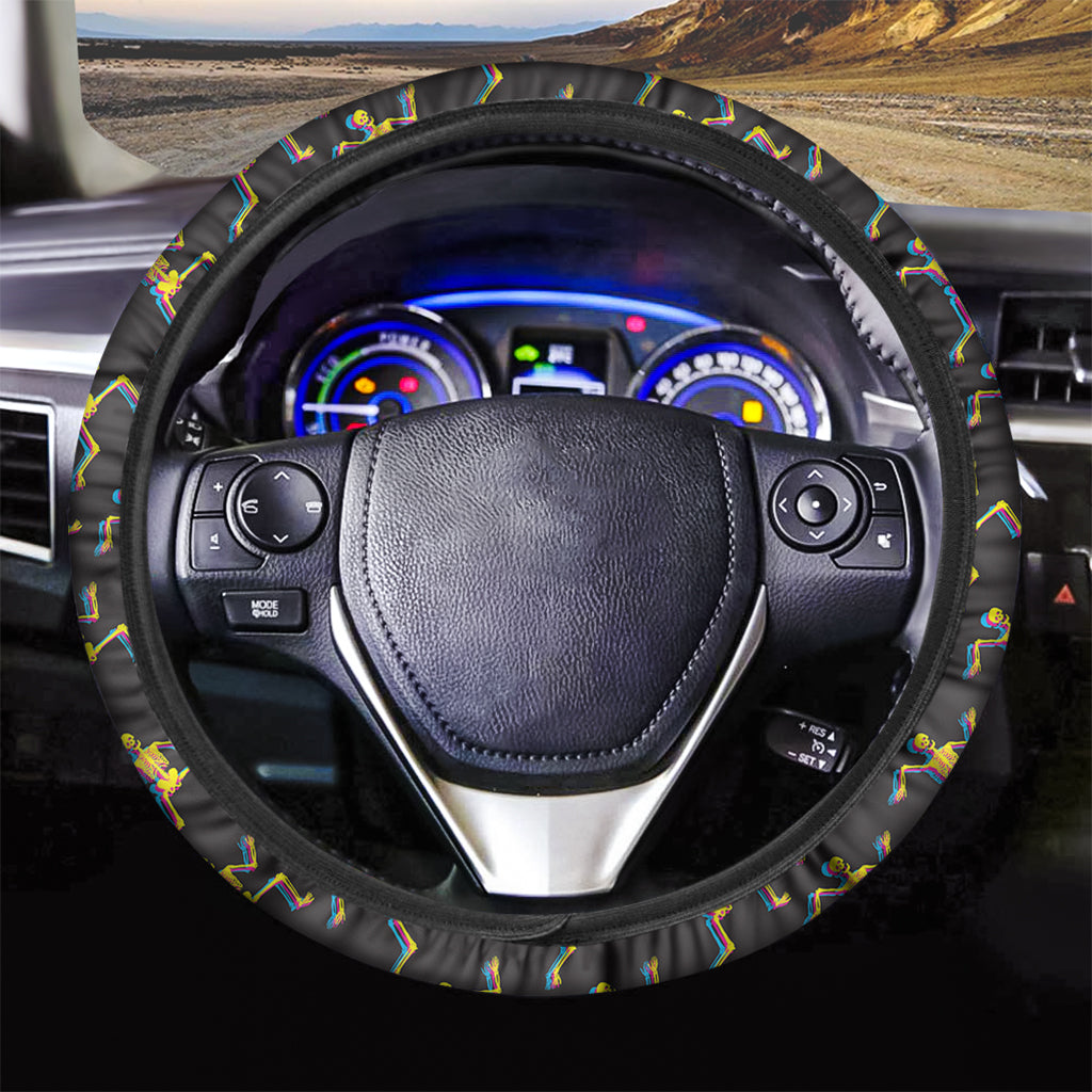 Trippy Dancing Skeleton Pattern Print Car Steering Wheel Cover