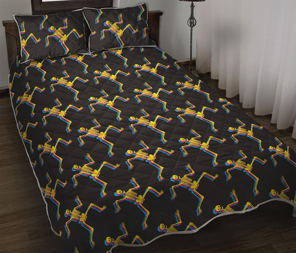 Trippy Dancing Skeleton Pattern Print Quilt Bed Set