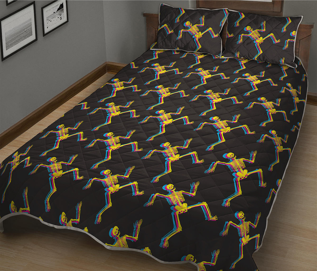 Trippy Dancing Skeleton Pattern Print Quilt Bed Set