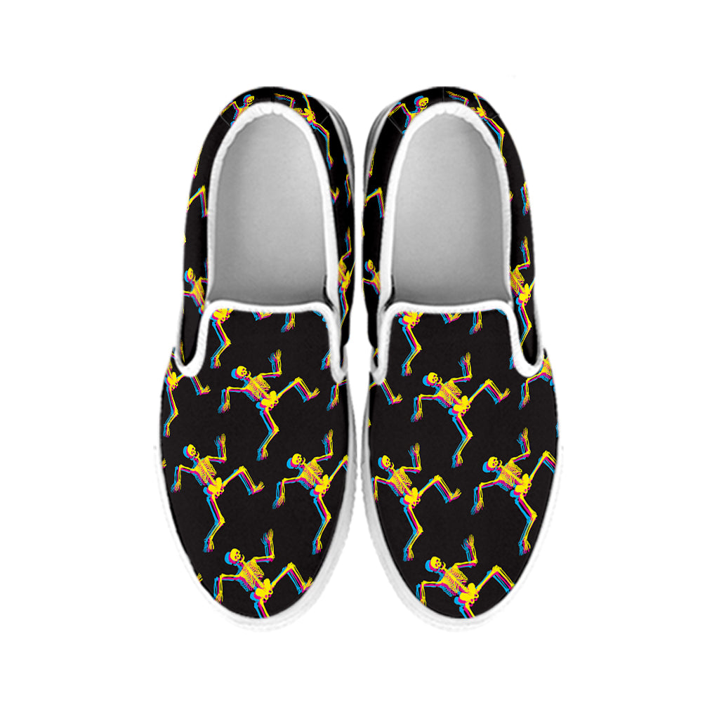 Trippy Dancing Skeleton Pattern Print White Slip On Shoes