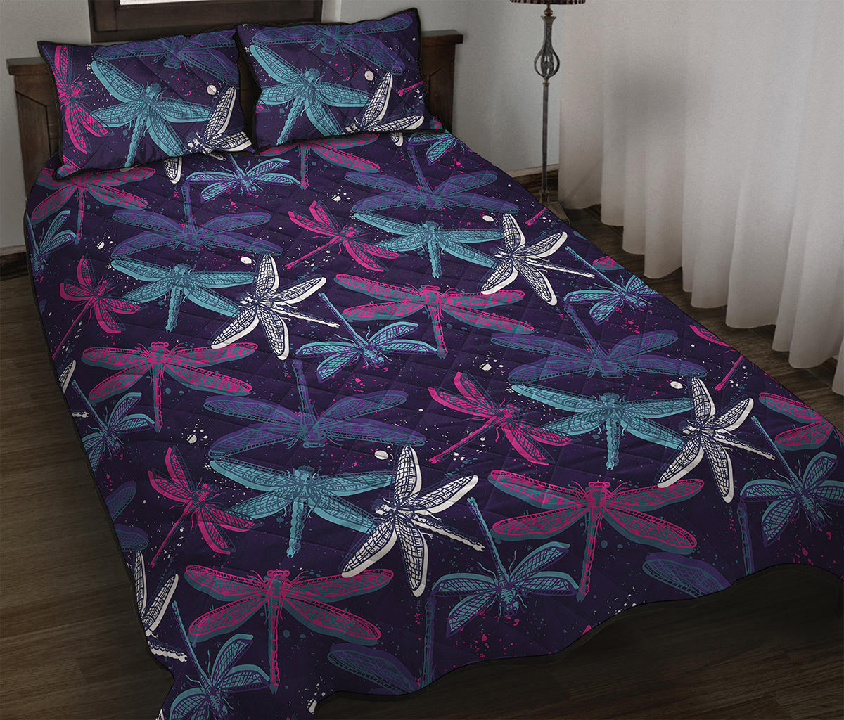 Trippy Dragonfly Pattern Print Quilt Bed Set