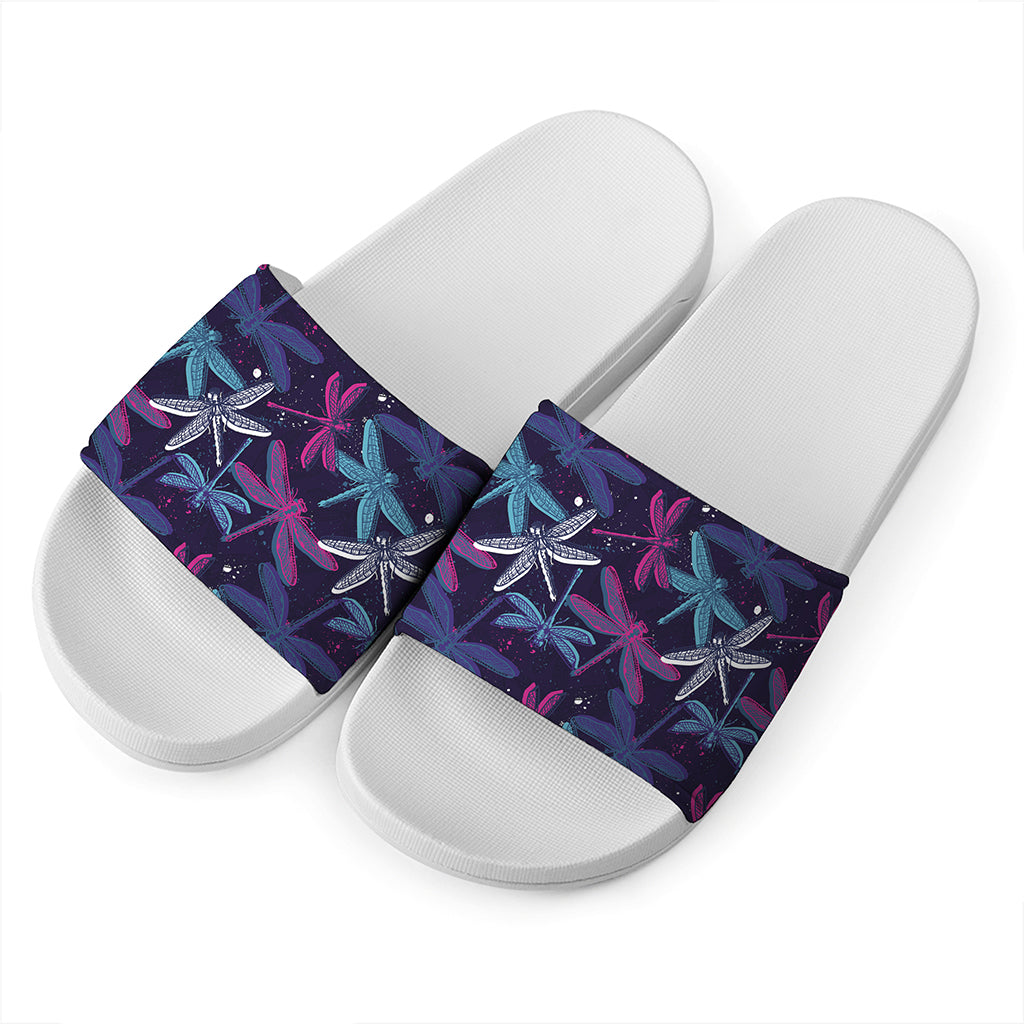 Trippy Dragonfly Pattern Print White Slide Sandals