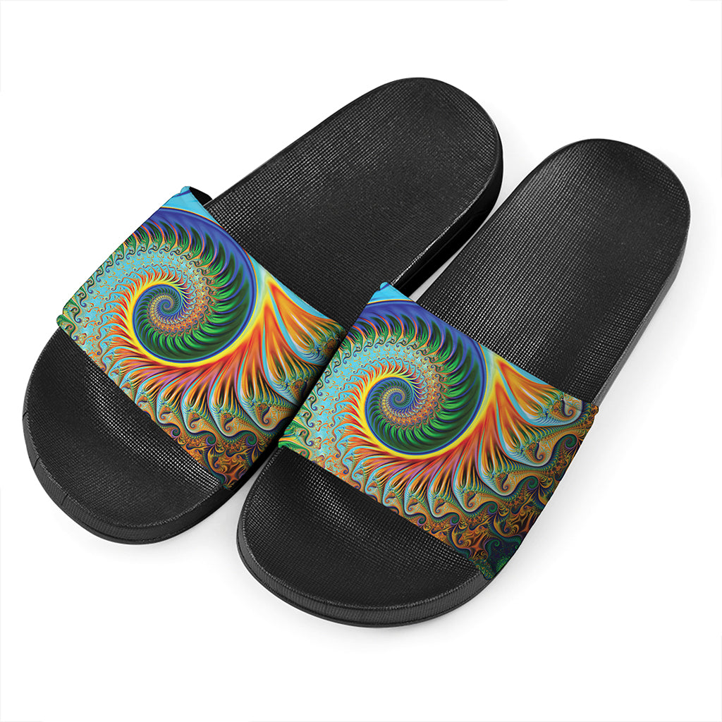Trippy Fractal Print Black Slide Sandals