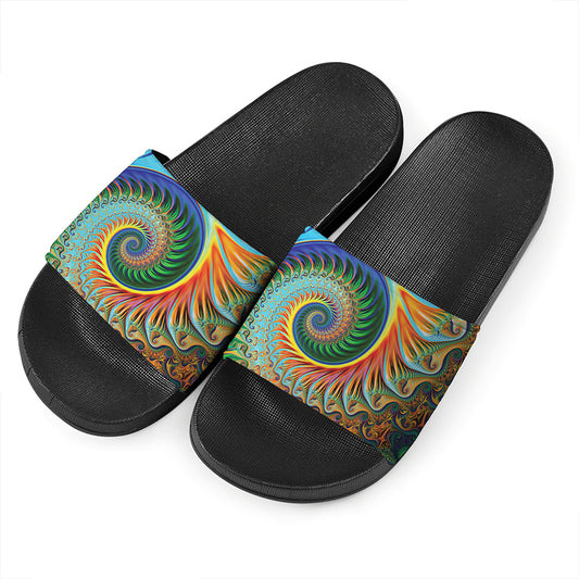 Trippy Fractal Print Black Slide Sandals