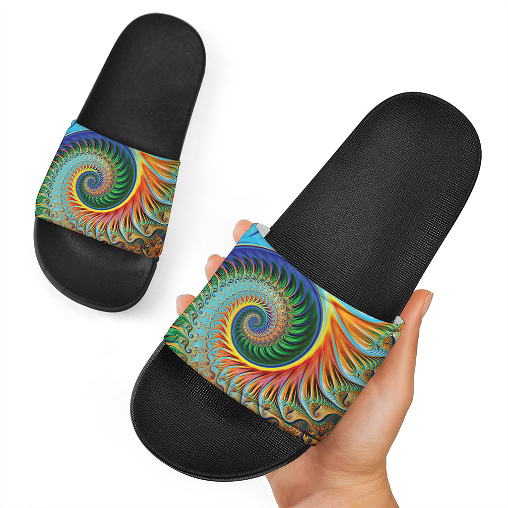 Trippy Fractal Print Black Slide Sandals
