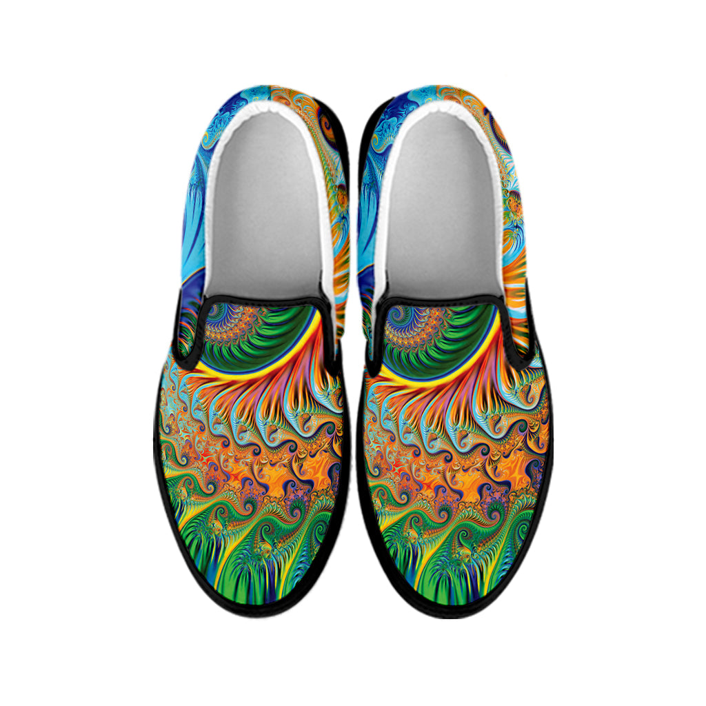 Trippy Fractal Print Black Slip On Shoes