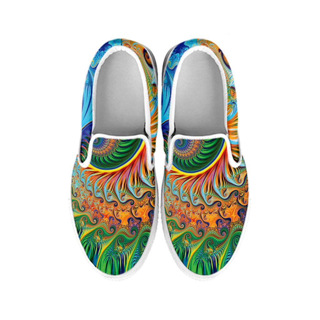 Trippy Fractal Print White Slip On Shoes
