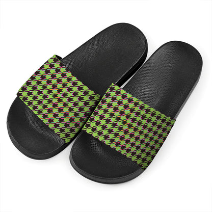 Trippy green Houndstooth Pattern Print Black Slide Sandals