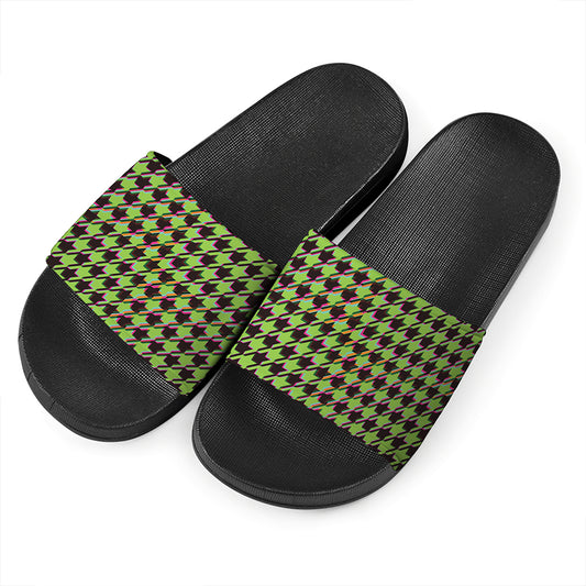 Trippy green Houndstooth Pattern Print Black Slide Sandals