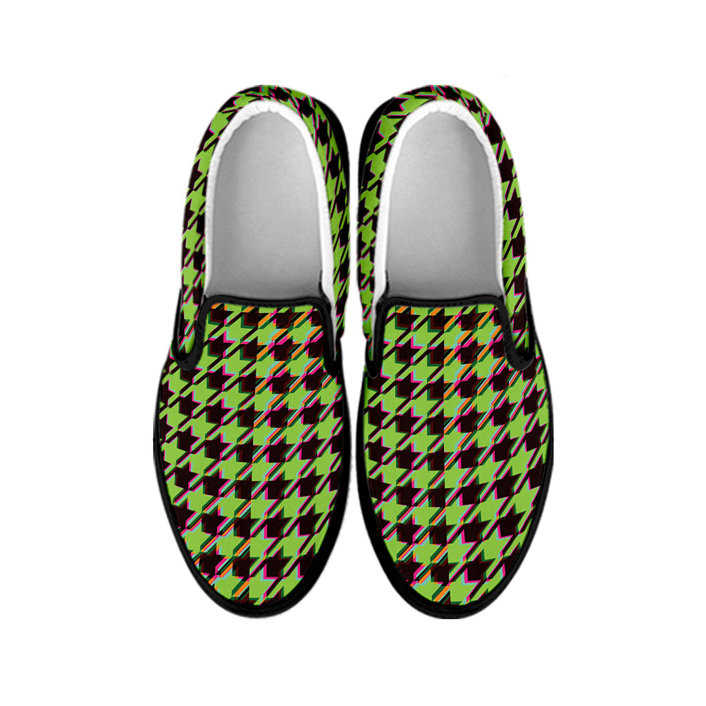 Trippy green Houndstooth Pattern Print Black Slip On Shoes
