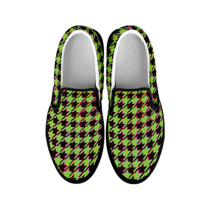 Trippy green Houndstooth Pattern Print Black Slip On Shoes