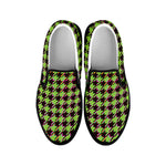 Trippy green Houndstooth Pattern Print Black Slip On Shoes