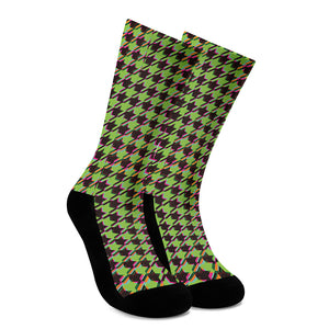 Trippy green Houndstooth Pattern Print Crew Socks