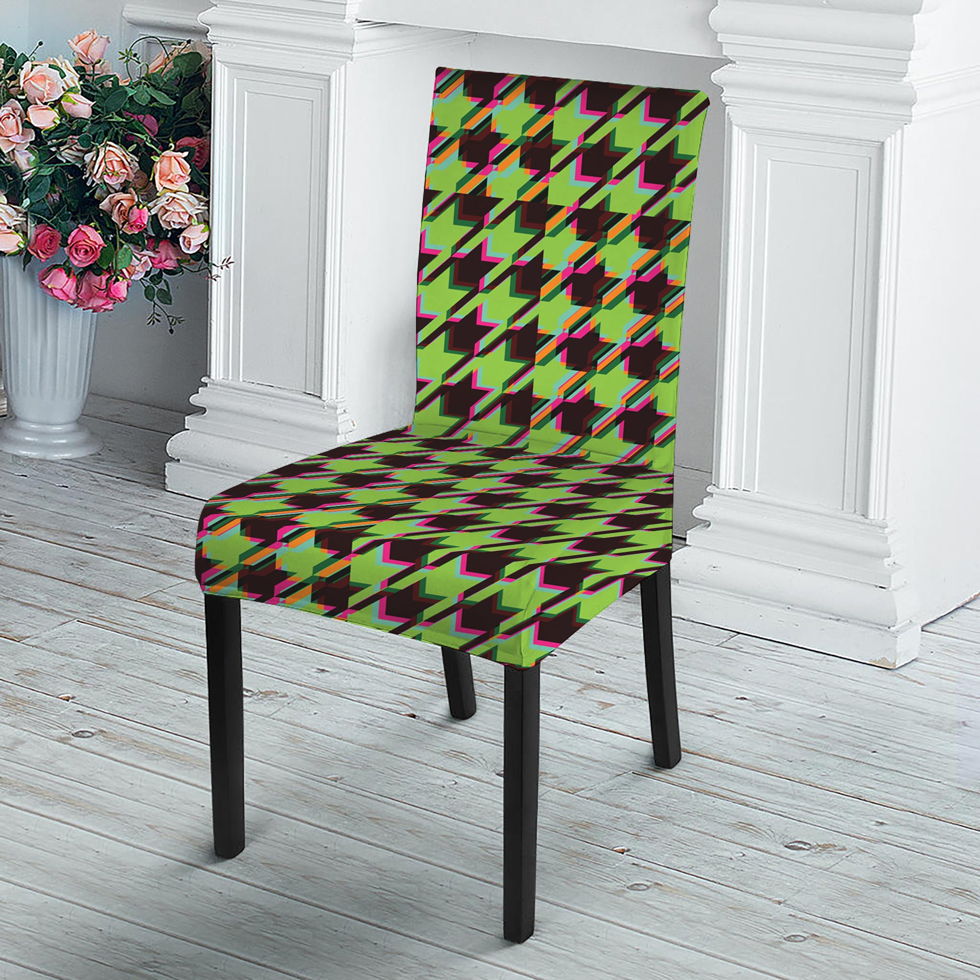 Trippy green Houndstooth Pattern Print Dining Chair Slipcover