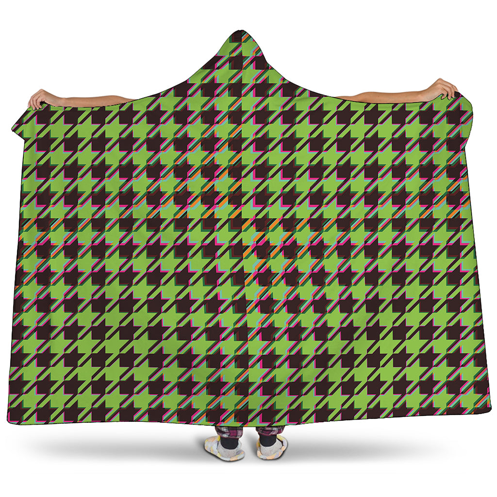 Trippy green Houndstooth Pattern Print Hooded Blanket