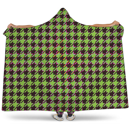 Trippy green Houndstooth Pattern Print Hooded Blanket